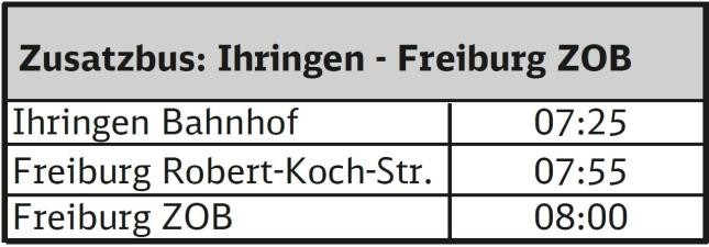 Ihringen Bahnhof 07:25 / Freiburg Robert-Koch-Str. 07:55 / Freiburg ZOB 